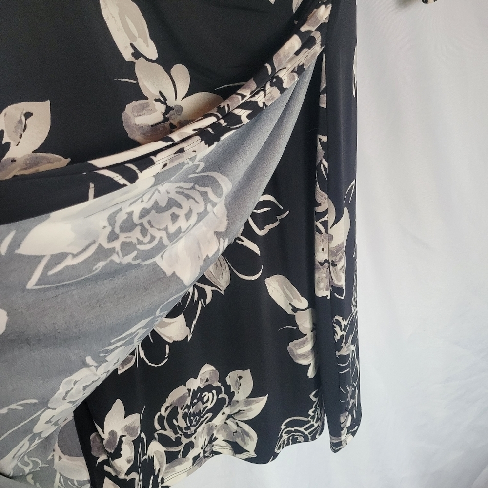 Lauren Ralph Lauren Black Gray Floral Vneck 3/4 Sleeve Midi Dress Size 16 - Picture 4 of 9